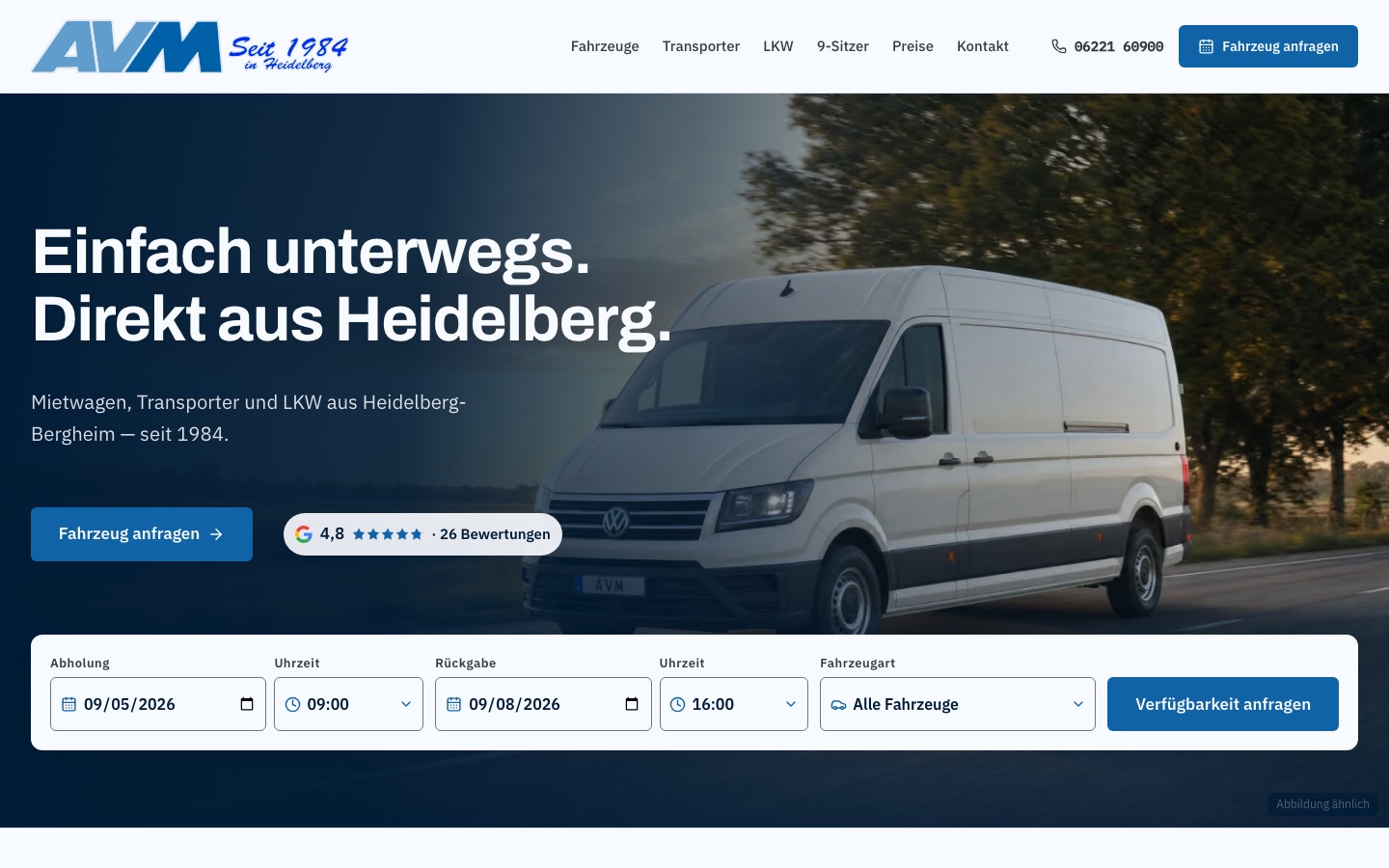 Website von AVM Autovermietung Heidelberg